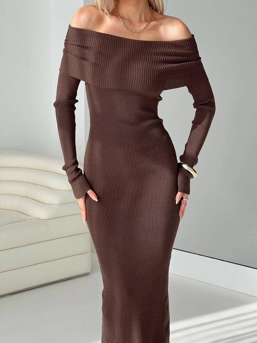 Off-Shoulder Ribbed Bodycon sweater Dress - maxi